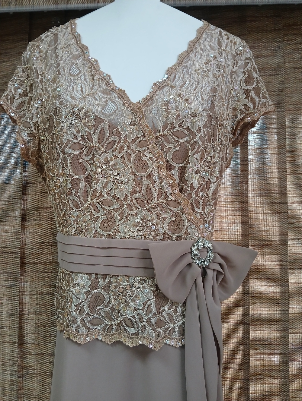 Milla Bell Gold Lace Chiffon Dress with Bow Accent